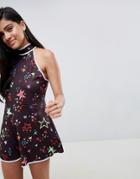 Asos Design Romper In Scattered Star Print With Tie Back Neck - Multi