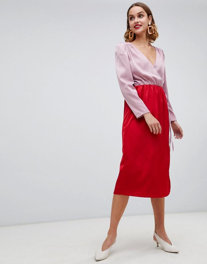 Warehouse Wrap Midi Dress With Tie Detail In Color Block - Multi