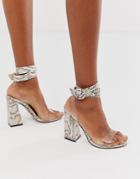 Public Desire Commit Flared Block Heeled Sandals In Natural Snake