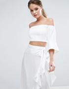 Dark Pink Cropped Top With Exaggerated Ruffle Sleeve - White