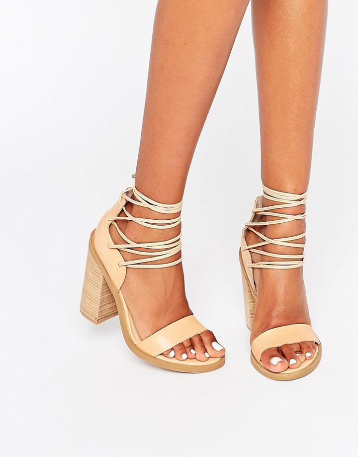 New Look Real Leather Tie Block Heeled Sandal - Stone