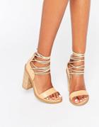 New Look Real Leather Tie Block Heeled Sandal - Stone