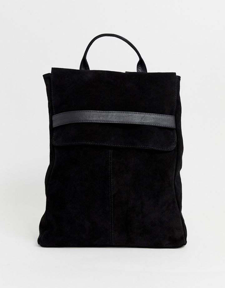 Asos Design Suede Belted Flap Backpack - Blue