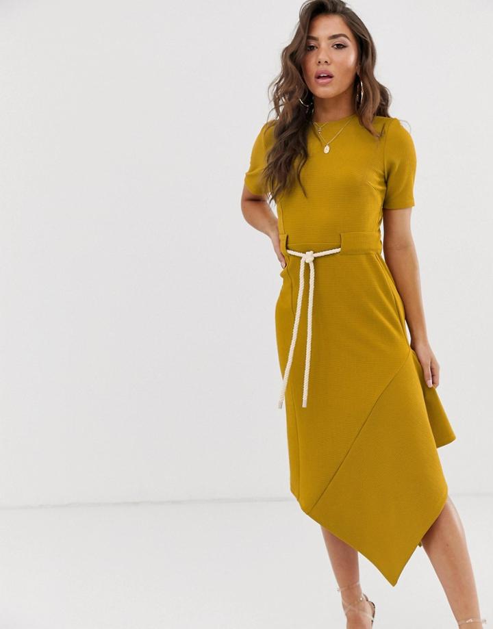 Asos Design Textured Midi Dress With Asymmetric Hem And Rope Belt - Yellow