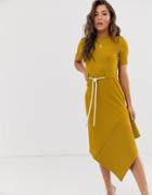 Asos Design Textured Midi Dress With Asymmetric Hem And Rope Belt - Yellow