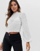 Asos Design Top With Blouson Sleeve And Tie Neck In Spot Mesh Print-multi