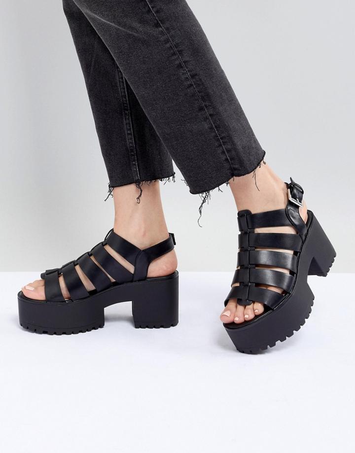 Pull & Bear Multi Strap Block Heel In Black - Black