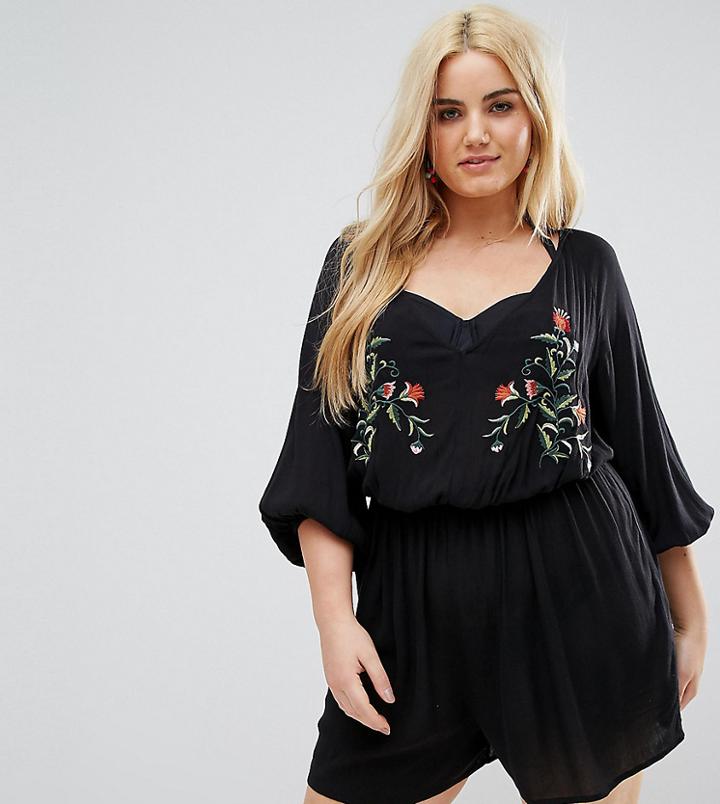 Asos Curve Beach Romper With Embroidery - Black