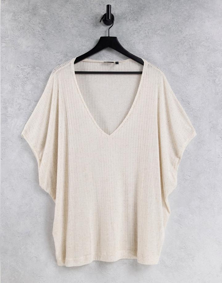 Asos Design Oversized Longline T-shirt With Deep V In Rib Fabric In Beige-neutral