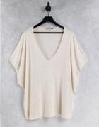 Asos Design Oversized Longline T-shirt With Deep V In Rib Fabric In Beige-neutral
