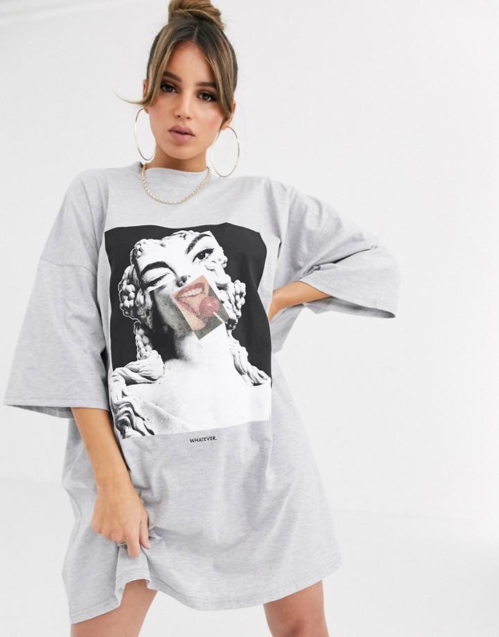 Asos Design Whatever Print Oversize T Shirt Dress-gray