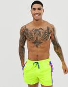 Asos Design Swim Shorts In Neon Yellow With Side Stripe In Short Length - Yellow