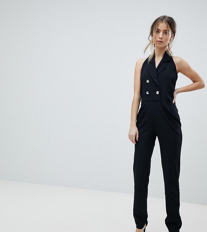 John Zack Petite Tuxedo Jumpsuit With Collar Detail - Black
