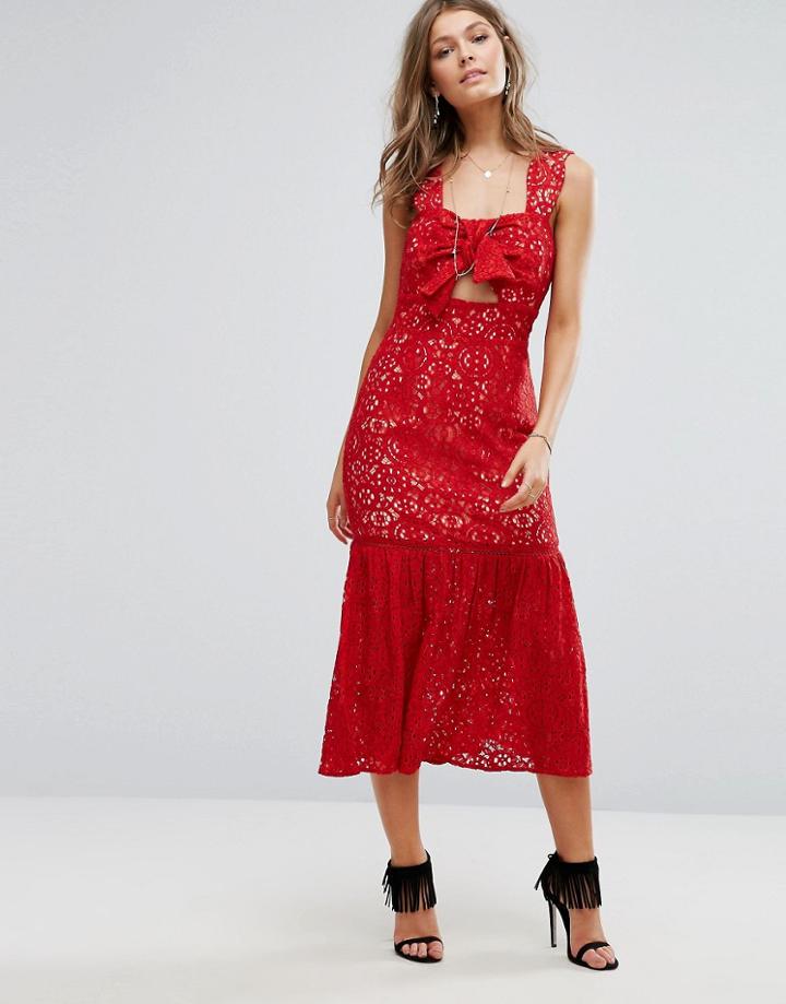 Foxiedox Bow Front Midi Lace Dress - Red