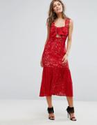 Foxiedox Bow Front Midi Lace Dress - Red