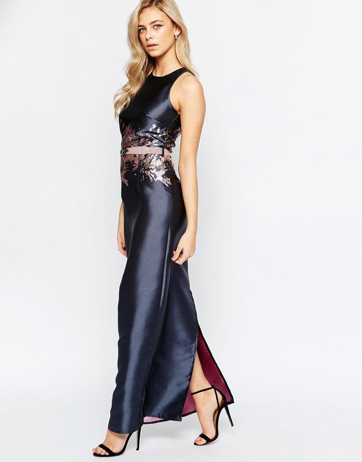 Little Mistress Fitted Maxi Dress In Jacquard - Gray Print