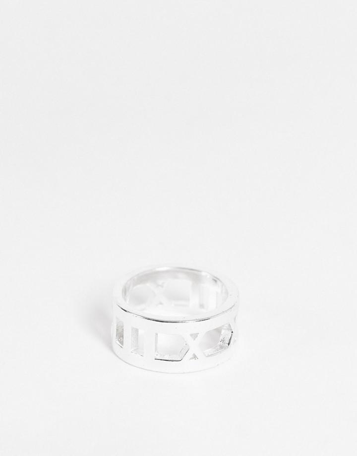 Asos Design Band Ring With Roman Numeral Cut-outs In Silver Tone