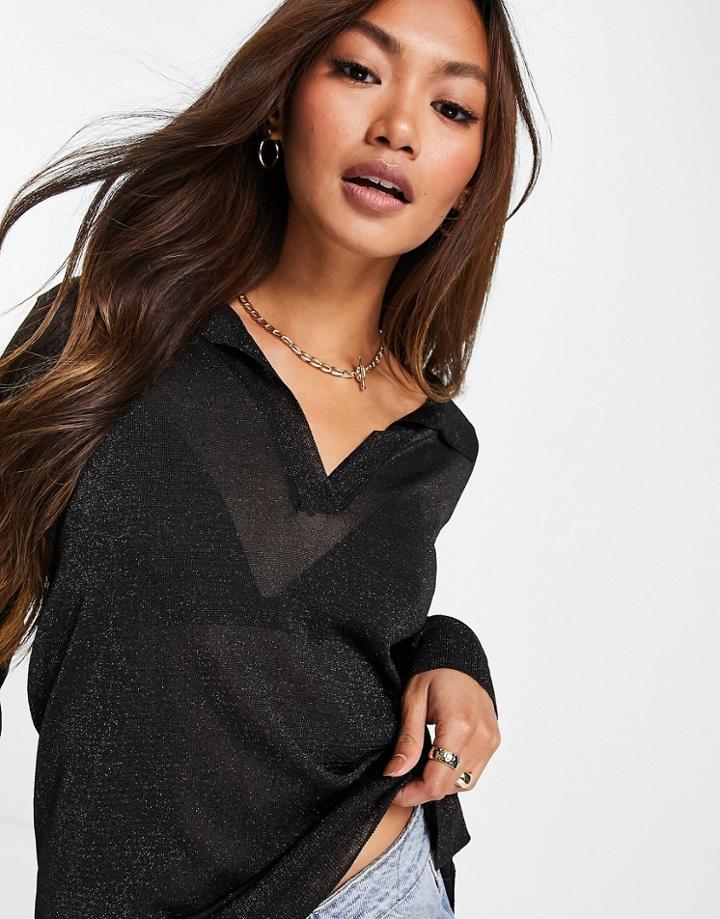 Whistles Sparkle Knit Polo Neck Top In Black