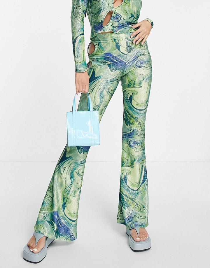 Topshop Festival Cut Out Flared Pants In Green Marble Print - Part Of A Set