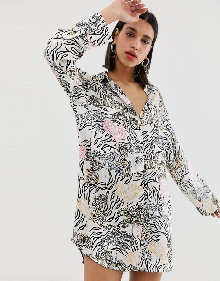 Neon Rose Relaxed Shirt Dress In Botanical Animal Print-cream