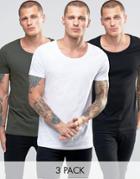 Asos 3 Pack Longline Muscle T-shirt With Scoop Neck In White/black/gre