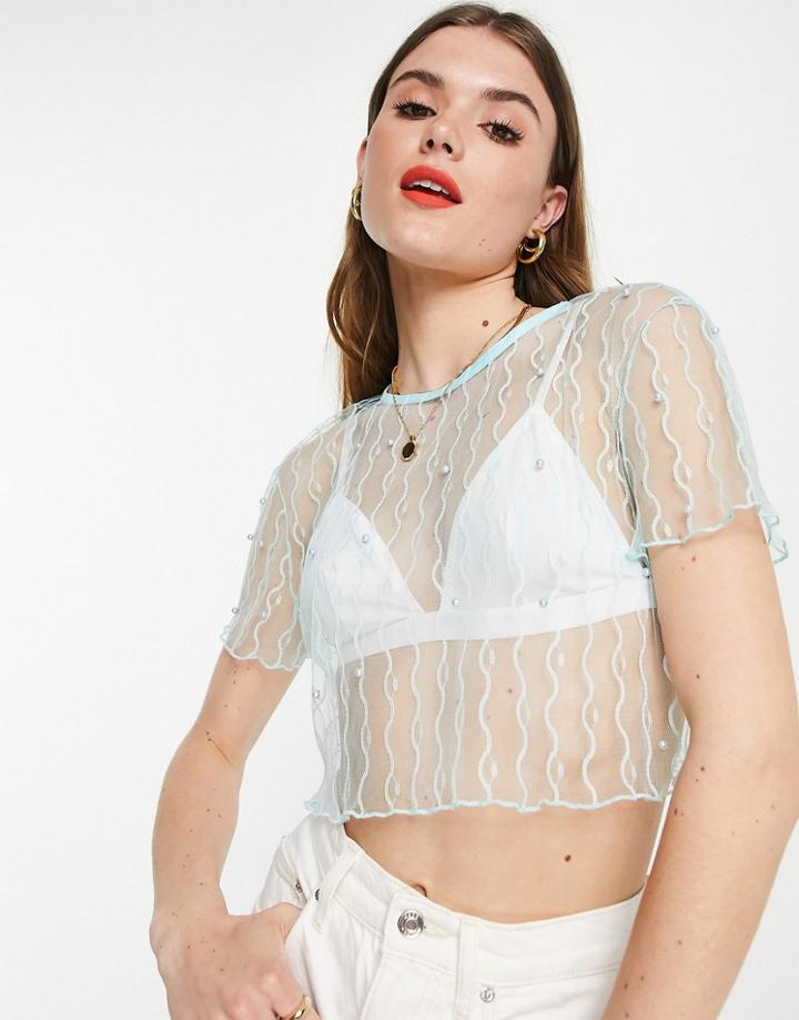 Lola May Mesh Crop Top With Diamantes In Mint-green