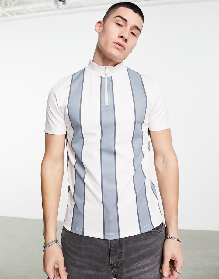Asos Design Muscle Stripe T-shirt In Blue & White With Neck Zip Detail