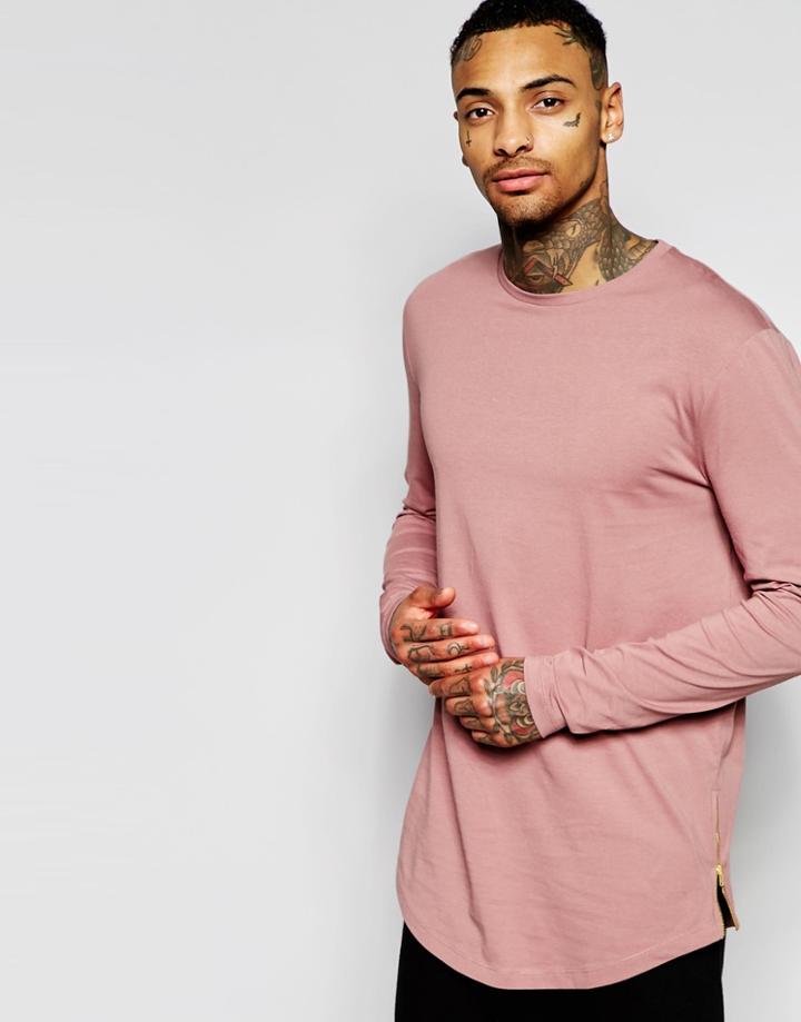 Asos Longline Long Sleeve T-shirt With Curve Hem And Zip In Pink - Pink