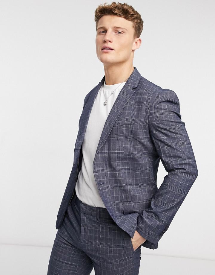 New Look Skinny Plaid Suit Jacket In Blue