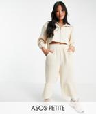 Asos Design Petite Tracksuit Zip Through Hoodie / Culotte Pant In Fluffy Texture In Beige-white