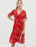 Brave Soul Adrianna Floral Tie Sleeve Midi Dress - Red