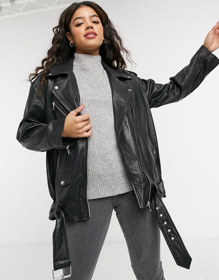 Asos Design Oversized Leather Moto Jacket In Black