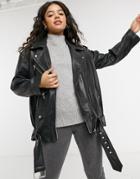Asos Design Oversized Leather Moto Jacket In Black