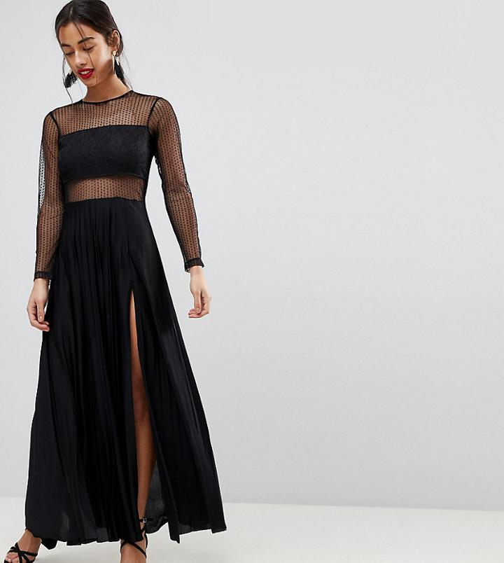 Asos Petite Pleated Dobby & Lace Top Long Sleeve Maxi Dress - Black