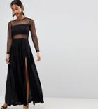 Asos Petite Pleated Dobby & Lace Top Long Sleeve Maxi Dress - Black