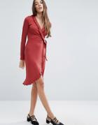Asos Wrap Dress In Rib With Frill Detail - Red