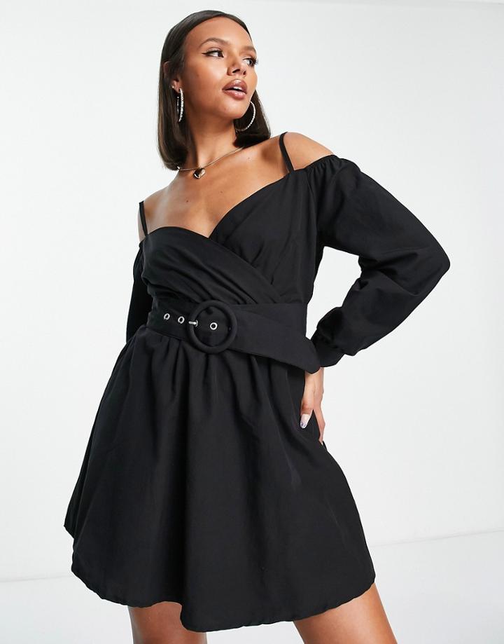 Trendyol Belted Off-shoulder Mini Dress In Black