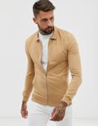 Asos Design Muscle Harrington Jersey Jacket In Tan-brown
