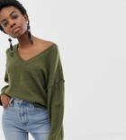 Asos Design Petite Fluffy Sweater With V Neck-green
