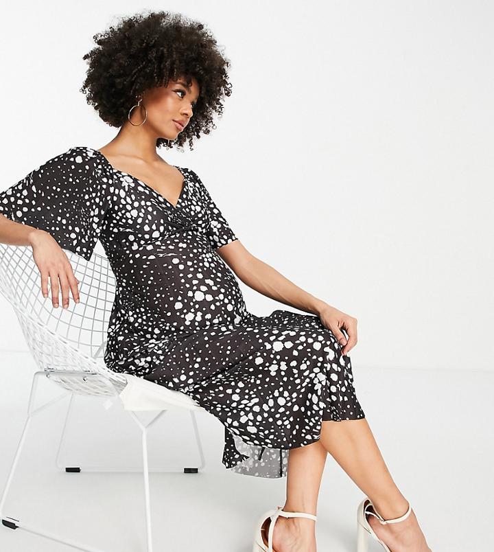 Asos Design Maternity Pleated Twist Back Cap Sleeve Midi Dress In Spot Print-multi