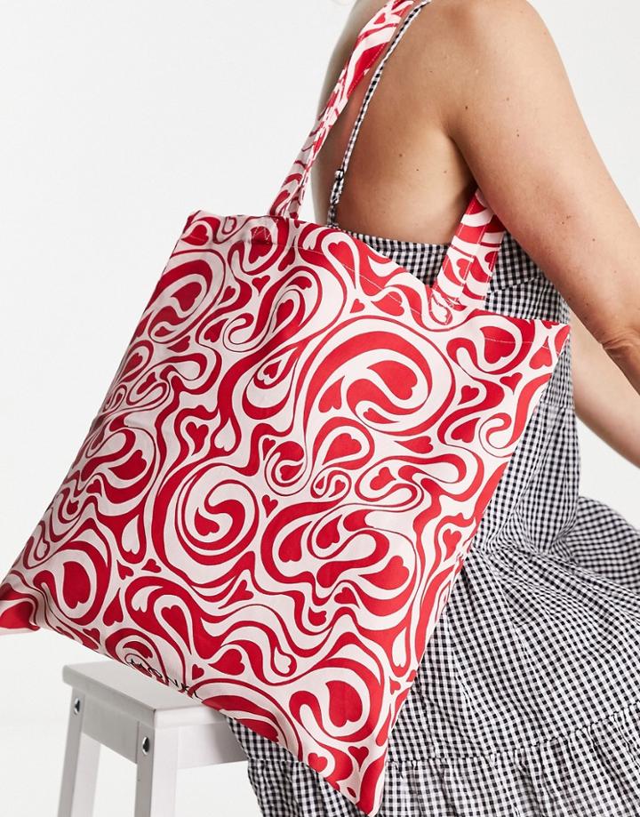 Monki Cotton Tote Bag In Pink And Red Swirl Print - Red