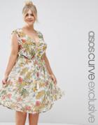 Asos Curve Skater Dress In Soft Floral Print With Ruffle Trim - Print