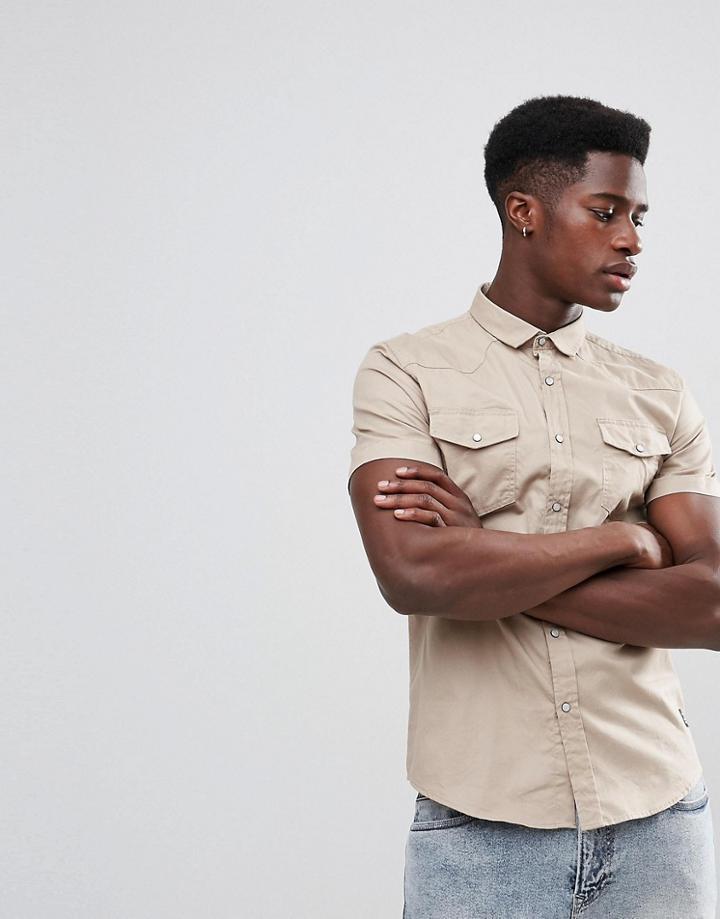 Brave Soul Double Pocket Short Sleeve Shirt - Stone