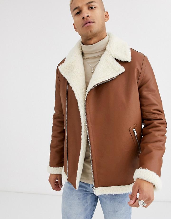 Asos Design Faux Leather Oversized Belted Biker Jacket In Tan