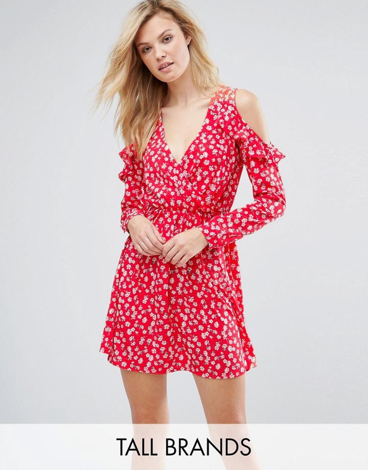 Influence Tall Cold Shoulder Ruffle Wrap Dress - Red