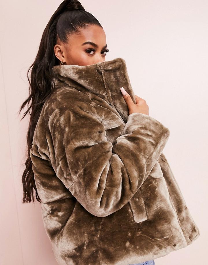 Asos Design Plush Faux Fur Puffer Jacket In Mink-grey