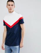 Asos Design Longline T-shirt With Turtleneck And Chevron Cut And Sew In Navy - Navy