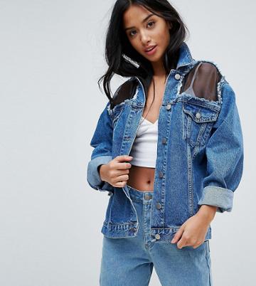 Chorus Petite Mesh Paneled Oversized Denim Jacket - Blue