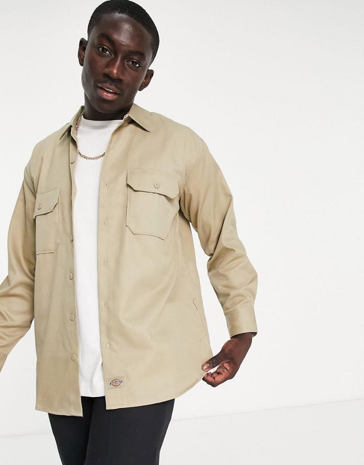 Dickies Long Sleeve Work Shirt In Khaki-green