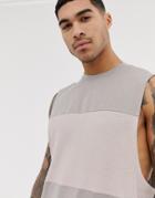 Asos Design Relaxed Sleeveless T-shirt With Dropped Armhole With Contrast Textured Panel - Beige
